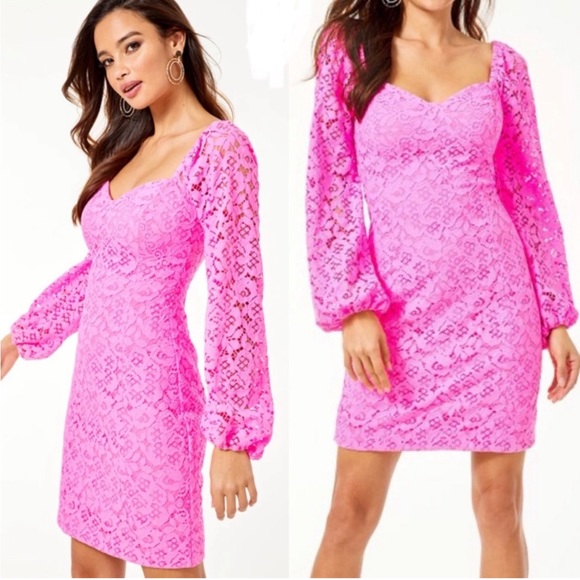 Lilly Pulitzer Dresses & Skirts - NWT Hot Pink Lilly Pulitzer Juliah Lace Long Sleeve Dress Barbie Pink